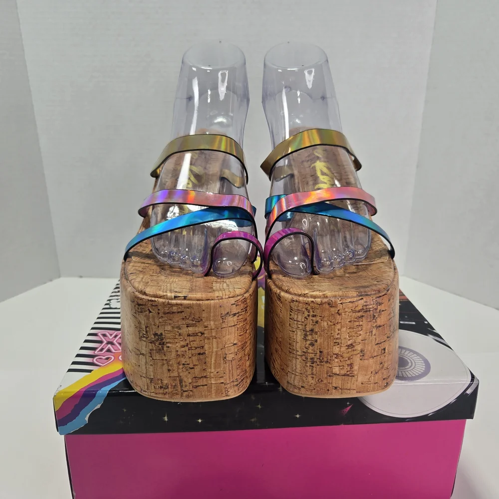 Cape Robbin Elci Platform Multi Iridescent Strappy Cork Heels Women's Size 10